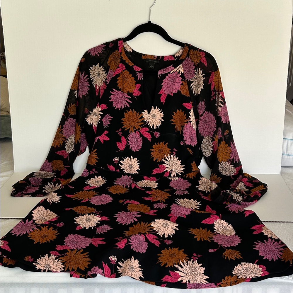 Ann Taylor Black Midi Dress with Pink, Cream & Brown Floral Print